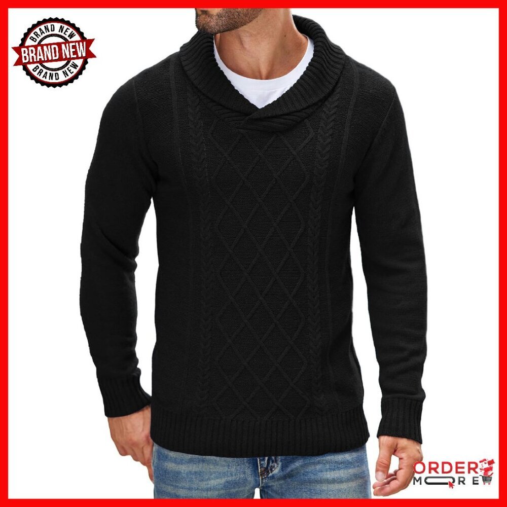 Men's V-Neck Shawl Collar Cable Pullover Sweater Relaxed Fit